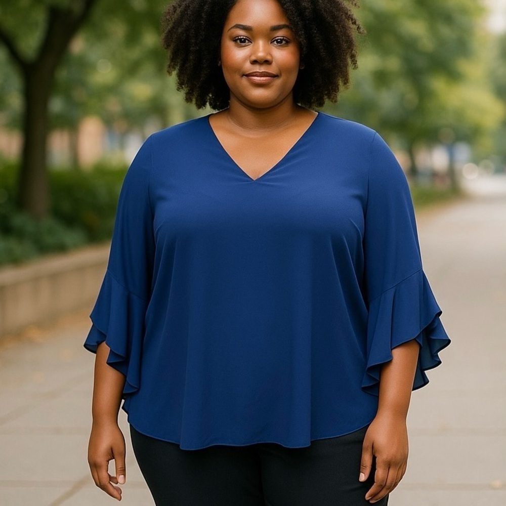 Umgee Women's size XL Navy Ruffle Sleeve Classic Blouse